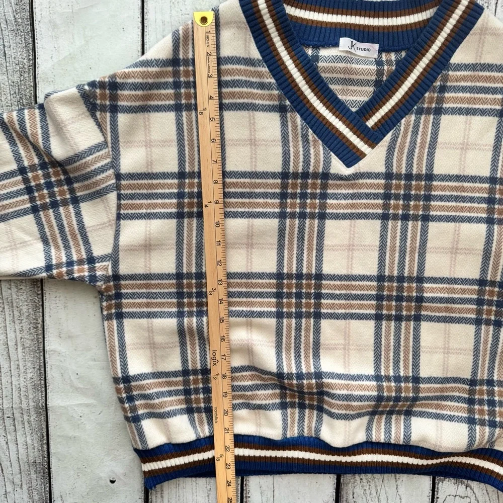 JK Studio Plaid‎ Varsity V-Neck Oversized Sweater